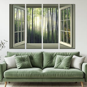 Open Window with Bamboo Forest View in Japan Canvas Print, Bamboo Trees Wall Art, Japan Window Painting, Framed and Ready to Hang image 6