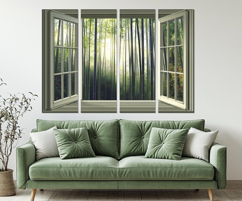 Open Window with Bamboo Forest View in Japan Canvas Print, Bamboo Trees Wall Art, Japan Window Painting, Framed and Ready to Hang image 6