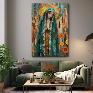 Die Jungfrau Maria Leinwanddruck, römisch-katholische Wandkunst, Jungfrau Maria Malerei, christliches Geschenk, christliche Wandkunst, gerahmt und fertig zum Aufhängen