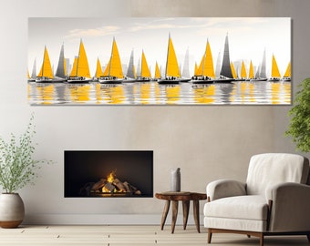 Abstract Regatta with Yellow Sales Canvas Print, Sailing Wall Art, Sailboats in the Sea Painting, Yachtsman Gift, Framed and Ready to Hang