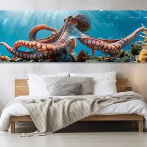 Riesenkrake neben farbenfrohen Korallenriffen Leinwanddruck, Oktopusmalerei, Unterwasserwandkunst, Oktopusposter, gerahmt und fertig zum Aufhängen