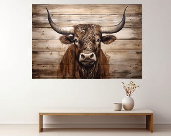 Abstrakte Highland Kuh Malerei Leinwanddruck, abstrakte moderne Wandkunst, gerahmt und fertig zum Aufhängen