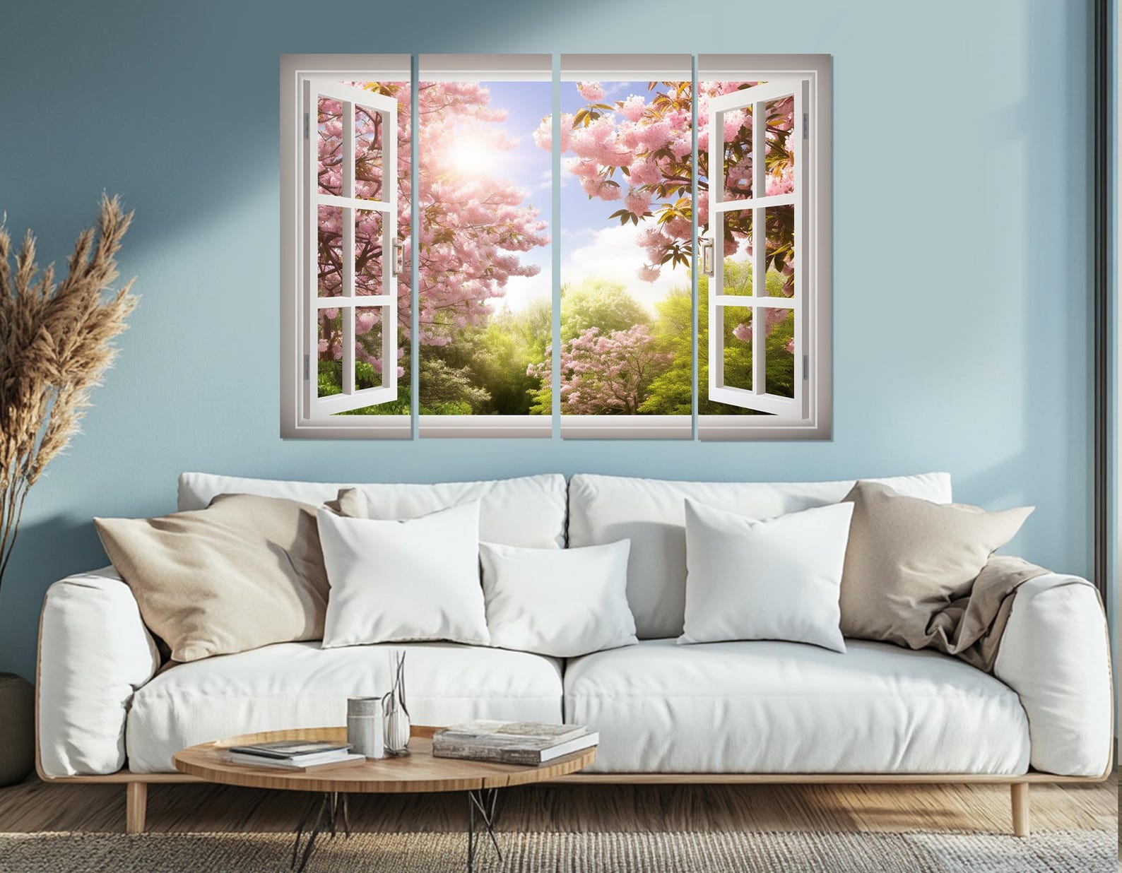 Open Window With Pink Cherry Tree Blossom View Canvas Print, Summer ...