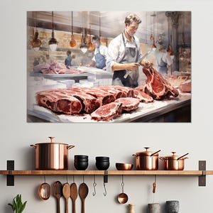 Decorazione murale "Macelleria", stampa su tela raffigurante un macellaio, regalo da macellaio, arte murale da macellaio, decorazione da parete per la cucina, incorniciata e pronta da appendere.