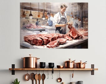 Butcher Shop Wall Decor, Butcher Painting Canvas Print, Butcher Gift, Butcher Wall Art, Kitchen Wall Decor, Framed and Ready to Hang