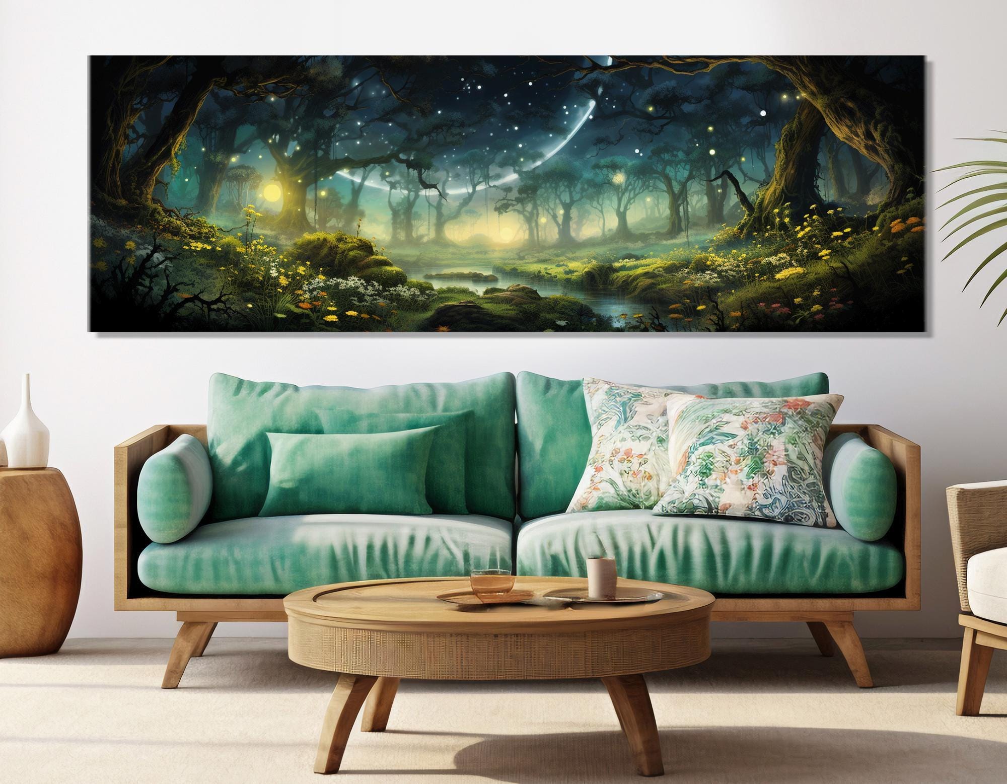 Fantasy Forest Painting Canvas Print, Fireflies in Forest Wall Art ...