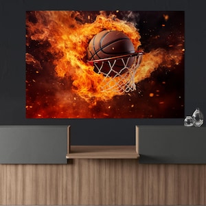 Abstract Basketball Canvas Print, Basketball Wall Art, Basketball Fan Gift, Basketball in Fire Painting Framed and Ready to Hang