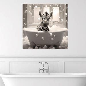 Cute Zebra in the Bathtub Painting Canvas Print, Bathroom Wall Art, Bathroom Wall Decor, Zebra Poster, Nursery Canvas Art, Baby Room Decor