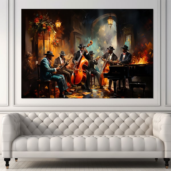 Impression sur toile de peinture rétro Jazz Band, art mural jazz vintage, peinture de musique rétro, encadrée et prête à accrocher