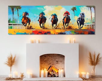 Pferderennen Gemälde Leinwand, Pferderennen Wandkunst, großes Pferderennen Gemälde, Pferderennen Fan Geschenk, gerahmt und fertig zum Aufhängen