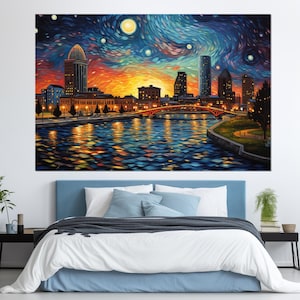 Abstract Milwaukee Painting in Van Gogh Style Canvas Print, Milwaukee Wall Art, Milwaukee Poster, Framed and Ready to Hang