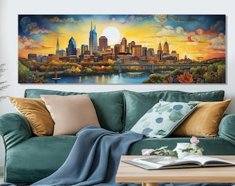 Może przedstawiać: Panoramiczny wydruk na płótnie przedstawiający kolorowy krajobraz miejski o zachodzie słońca. Grafika przedstawia panoramę z wysokimi budynkami, rzeką i mostem, na tle żywego nieba z dużym słońcem i chmurami. Paleta kolorów obejmuje odcienie pomarańczowego, żółtego, niebieskiego i zielonego.
