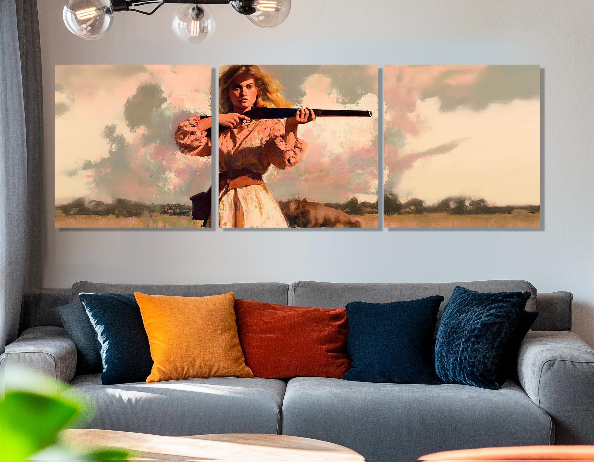Woman With a Gun Retro Style Canvas Print, Retro Woman With Rifle