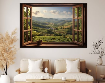 Open Window with Tuscany View Canvas Art, Green Hills of Tuscany Window View Canvas Print, Framed and Ready to Hang