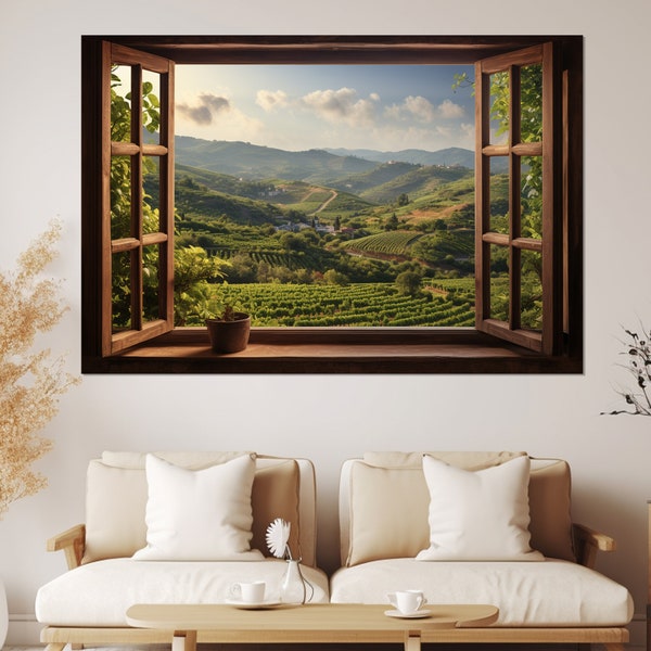 Open Window with Tuscany View Canvas Art, Green Hills of Tuscany Window View Canvas Print, Framed and Ready to Hang