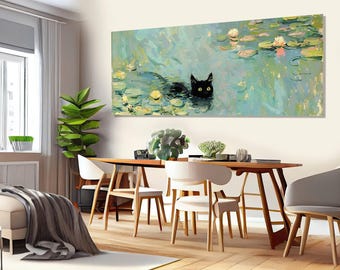 Lindo gato negro nadando entre nenúfares del jardín de Monet. Impresión en lienzo. Arte de pared abstracto de estilo Monet. Enmarcado y listo para colgar.