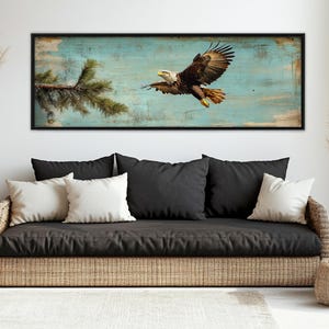 American Bald Eagle Rustic Canvas Print, Eagle Wall Art, Cabin Wall Decor, Bald Eagle Poster, Flying Eagle Print, Framed and Ready to Hang