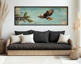 Stampa su tela rustica raffigurante un'aquila calva americana, decorazione da parete raffigurante un'aquila, decorazione da parete per baite, poster raffigurante un'aquila calva, stampa raffigurante un'aquila in volo, incorniciata e pronta da appendere.