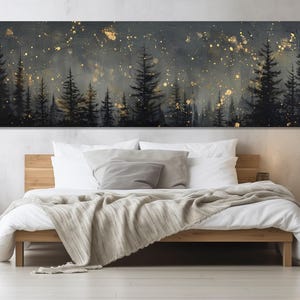 Impresión en lienzo de un gran bosque de pinos por la noche, arte abstracto de pared con bosque, pintura de cielo estrellado, decoración de pared de dormitorio de lujo, enmarcada y lista para colgar