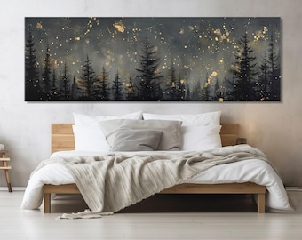 Large Pine Forest at Night Canvas Print, Abstract Forest Wall Art, Starry Sky Painting, Luxury Bedroom Wall Decor, Framed and Ready to Hang