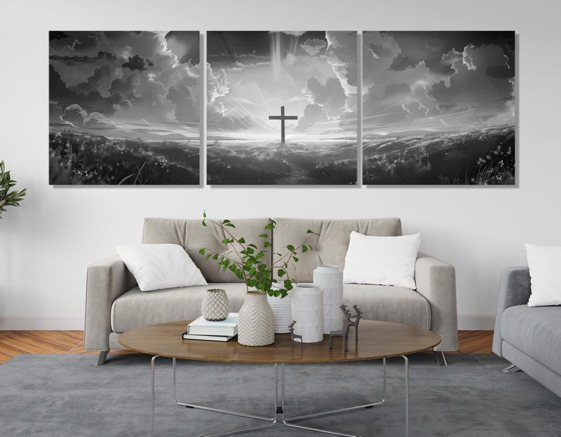 Arte de parede da Bíblia, O poder da cruz, impressão em tela, arte de parede religiosa em preto e branco, emoldurada e pronta para pendurar imagem 5