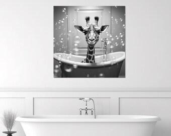 Niedliche Giraffe in der Badewanne Leinwand Druck, Badezimmer Wand Kunst, Badezimmer Wand Dekor, Giraffe Poster, Kinderzimmer Leinwand Kunst, Baby Zimmer Dekor