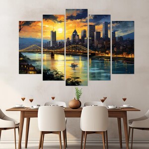 Arte de parede abstrata de Pittsburgh, impressão em tela do horizonte de Pittsburgh, pintura de Pittsburgh, decoração de parede de Pittsburgh, emoldurada e pronta para pendurar imagem 4