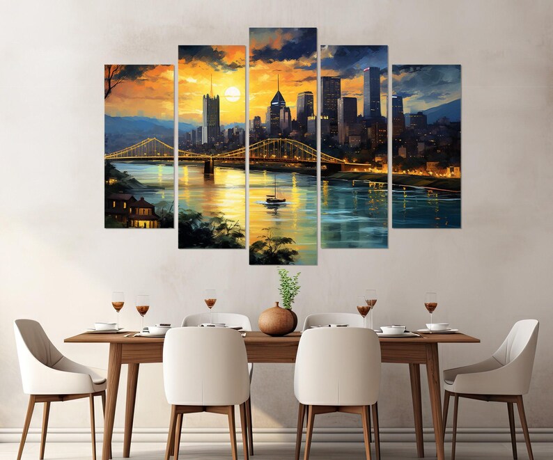 Arte de parede abstrata de Pittsburgh, impressão em tela do horizonte de Pittsburgh, pintura de Pittsburgh, decoração de parede de Pittsburgh, emoldurada e pronta para pendurar imagem 4