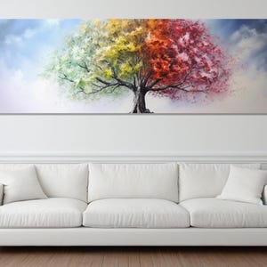 Abstrakte bunte Jahreszeit Baum Leinwanddruck, Vier Jahreszeiten Baum Malerei, Wetter Wandkunst, 4 Farben Baum Leinwandkunst, gerahmt und fertig zum Aufhängen