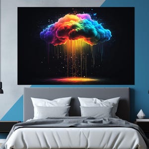 Abstract Rainbow Colored Rainy Cloud Canvas Print, Contemporary Colorful Wall Art, Cloud Canvas Art, Clouds Wall Art, Framed & Ready to Hang