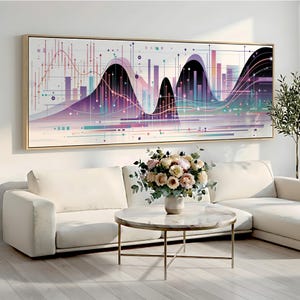 Può includere: Una grande opera d'arte da parete rettangolare incorniciata che presenta una visualizzazione di dati astratta e digitale con picchi neri simili a montagne, grafici a barre verticali e linee sottili che si intersecano in tonalità viola, verde acqua, rosa e bianco.