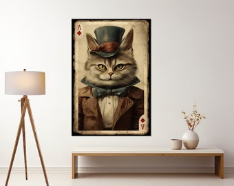 Ace of Diamonds with Cat Canvas Print, Poker Wall Art, Card Player Gift, Framed and Ready to Hang