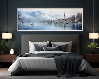 Misty Zurich Skyline Painting Canvas Print, Switzerland Wall Art, Framed and Ready to Hang