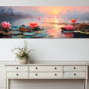 Water Lilies on the Lake Painting Canvas Print, Abstract Water Lily Wall Art, Nature Oil Painting, Framed and Ready to Hang image 6
