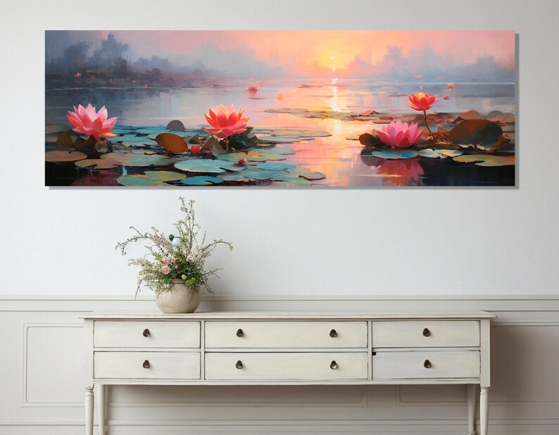 Water Lilies on the Lake Painting Canvas Print, Abstract Water Lily Wall Art, Nature Oil Painting, Framed and Ready to Hang image 6