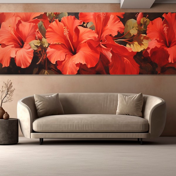 Impression sur toile abstraite de grandes fleurs d'hibiscus rouges, art mural panoramique, grande toile d'art florale, peinture de fleurs, encadré et prêt à accrocher