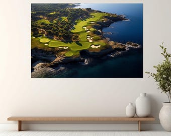 Impresión en lienzo de campo de golf junto al océano, arte de pared de golf, decoración de resort de golf, regalo de jugador de golf, decoración de pared de club de golf, enmarcado y listo para colgar