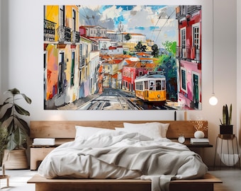 Scenic Lisbon Painting Canvas Print, Portugal Wall Art, Lisbon Wall Art, Abstract Lisbon Poster, Framed and Ready to Hang