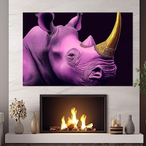 Magenta Rhinoceros with Golden Horn Canvas Print, Pink Rhinoceros Poster, Rhinoceros Wall Art, Framed and Ready to Hang