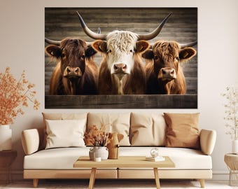 Highland Kühe Malerei Leinwanddruck, Moderne Bauernhaus Wandkunst, Bauernhof Wanddekor, gerahmt und fertig zum Aufhängen