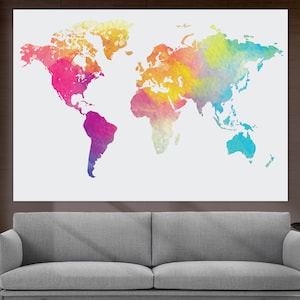 Abstracte aquarel grote wereldkaart canvasafdruk, wereldkaart kunst aan de muur, kantoor muur decor, modern wanddecor, wereldkaart print