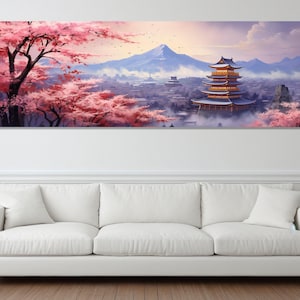 Impresión panorámica en lienzo del Monte Fuji en flor de Sakura, arte mural japonés, decoración de pared japonesa, impresión del Monte Fuji, enmarcada y lista para colgar.