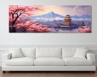 Fuji Mountain in Sakura Blossom Panoramic Canvas Print, Japan Wall Art, Japanese Wall Decor, Fuji Mountain Print, Framed and Ready to Hang