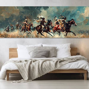 Native Americans auf Pferden Malerei Leinwanddruck, Indianer Wandkunst, Indianische Kunst, gerahmt und fertig zum Aufhängen