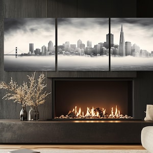 Misty San Francisco Skyline Canvas Print, Black and White San Francisco Wall Art, Large San Francisco Painting, Framed and Ready to Hang