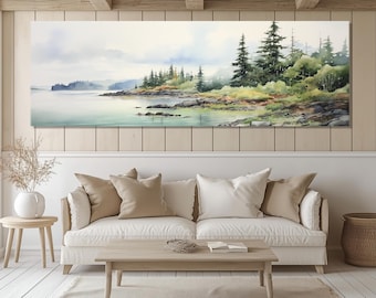 May include: A watercolor painting of a lake scene with a forest in the background. The lake is a light blue color and the forest is a dark green color. The painting is framed and hanging on a wall.