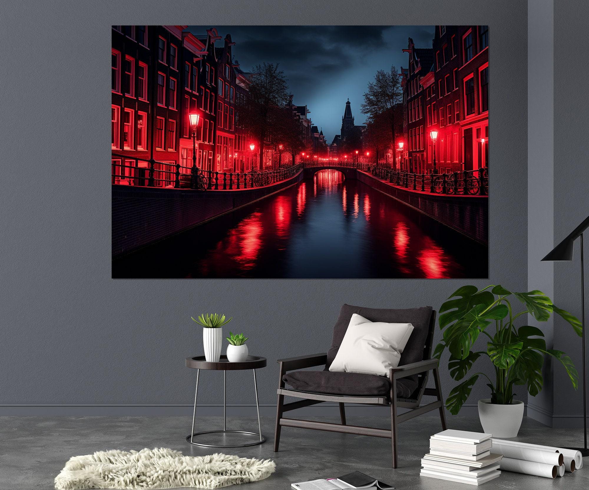 Red Light District in Amsterdam Abstract Canvas Print, Amsterdam Wall Art, Amsterdam Painting, Framed and Ready to Hang