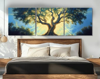 Abstrakt glödande träd canvastavla, fantasiträdmålning, meditationsväggkonst, stor träd i solljus poster, inramad och redo att hängas