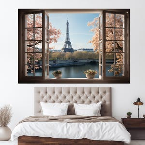 Open Window with Eiffel Tower View Canvas Print, Window with Paris View Canvas Art, Paris Wall Art, Framed and Ready to Hang