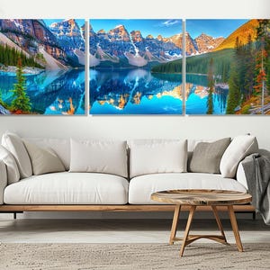 Scenic Moraine Lake Landscape, Abstract Banff National Park Painting Canvas Print, Moraine Lake Painting, Framed and Ready to Hang